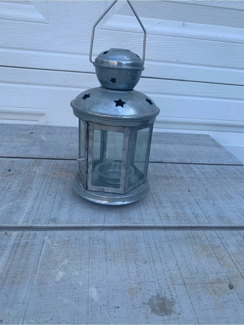 Vintage Metal Lantern Holder For Tea Light Candle, Star Cutouts, 8